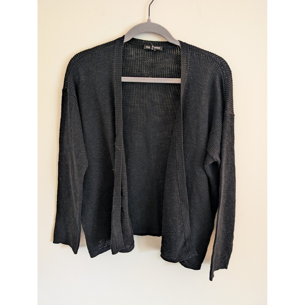 Eileen Fisher Black Organic Linen Cotton Open Front Cardigan XS Relaxed Knit